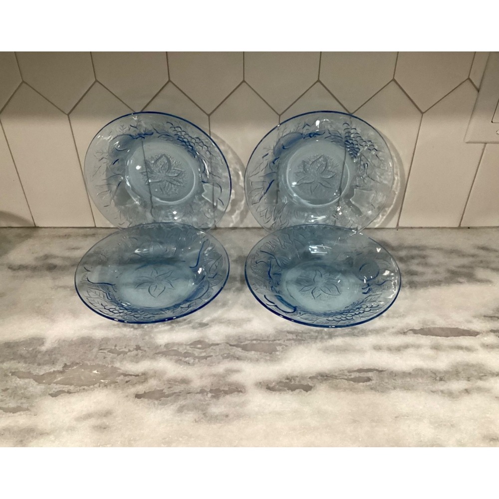 Set of 4 KIG Indonesia Poinsettia Blue Glass Plates Embossed Fruit 8.5"